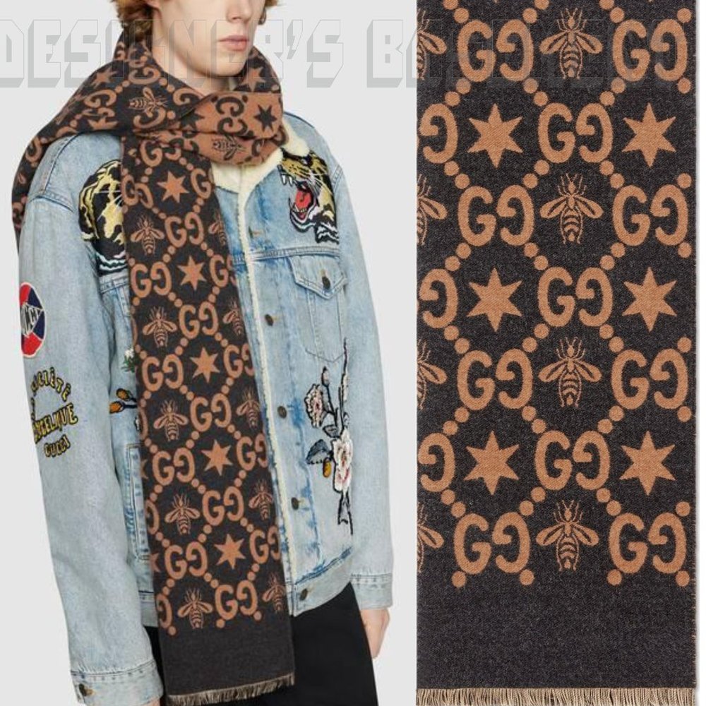 GUCCI brown & charcoal CONSTELLATION Bee GG Stars wool reversible long scarf NWT
